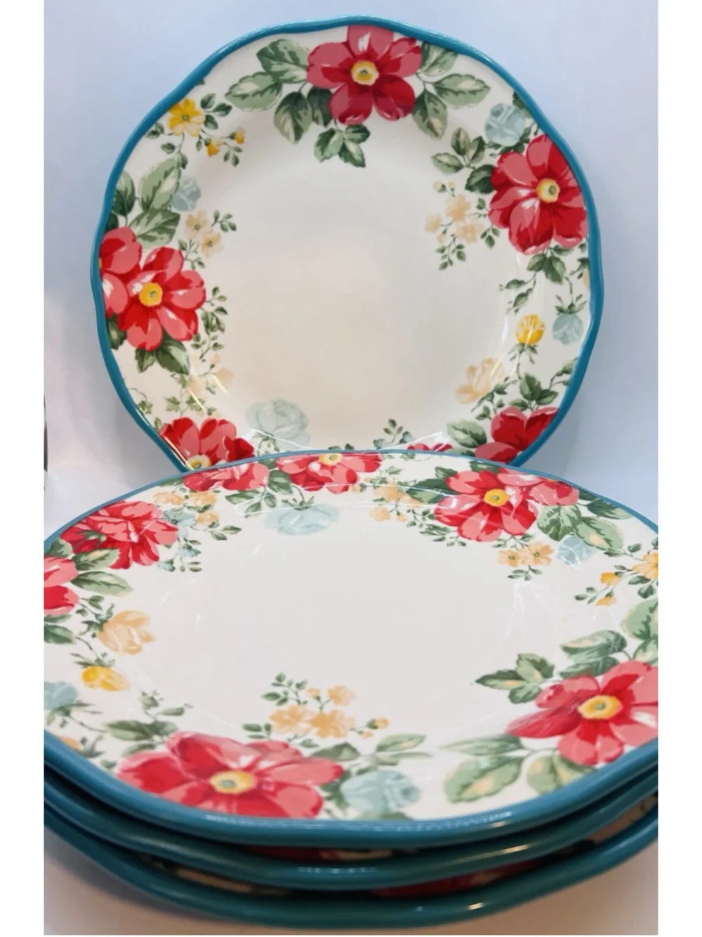 Set of (4) Pioneer Woman Vintage Floral Teal Red Stoneware Dinner Plates 10.5”